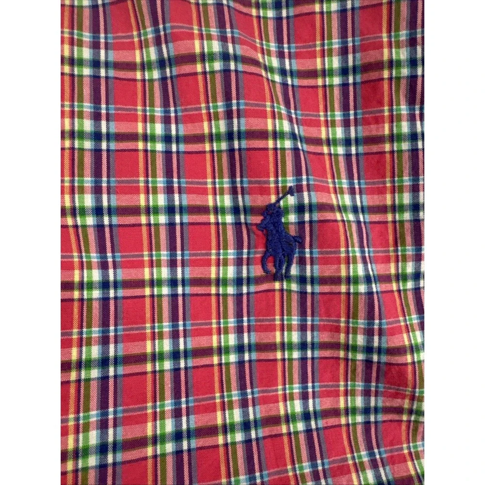 Ralph Lauren Boys Red Pink Multi Color Plaid‎ Cotton Button Down Shirt Size L